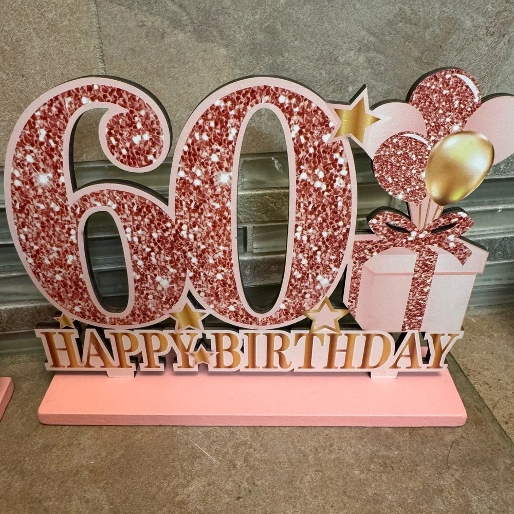 60th Birthday Pink Rose Gold Happy Birthday Party Wood Glitter Centerpieces EUC